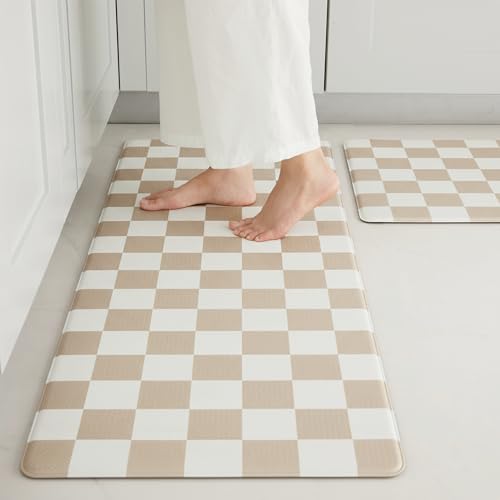Ohocut Beige Khaki Checkered Kitchen Mats for Floor Set of 2, 2 Pcs Cushioned Non Slip Runner Rugs for Kitchen/Sink/Laundry, Comfort Aesthetic Cute Anti-Fatigue Foam Floor Mat 17.3"x29.5"+17.3"x47.2" - color: Khaki