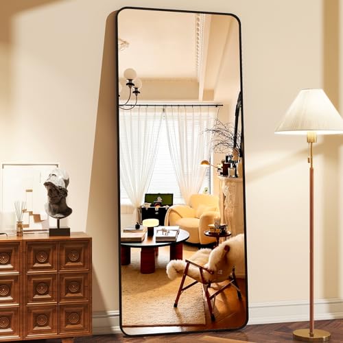 64"x21" Full Length Mirror, Full Body Rounded Corner Rectangle Mirrors with Stand, Standing or Leaning Metal Framed Floor Mirror, Wall Mounted Mirrors Hang Horizontally or Vertically, Black - color: Black, size: 64"L x 21"W