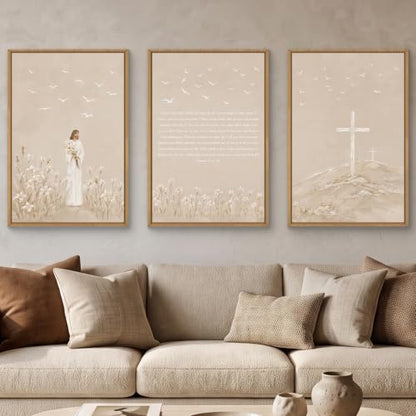 Christian Jesus Bible Verse Framed Canvas Wall Art Set-24"x36"x3 - color: Neutral Jesus Bible Verse Wall Art, size: 24"L x 36"W