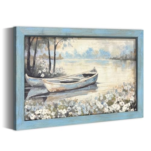 summer melody Rustic Lake Landscpe Wooden Framed Wall Art 36x24 Inch | River Boat Picture, Lakeside Painting, Rustic Country Picture, Countryside Artwork, Farmhouse Decor for Dining Room, Kitchen - color: Blue, size: 36"L x 24"W