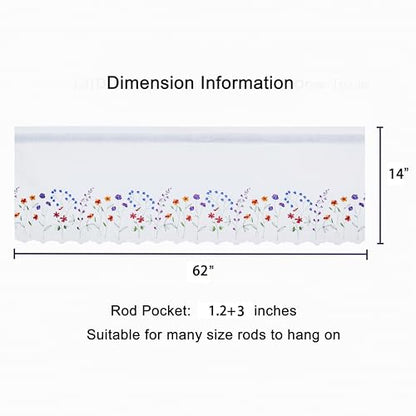 2PC PKT Floral Embroidery Curtain Valance, White Elegant Decorative Flowers Window Valances,Valances for Windows Living Room,3" Rod Pocket W62XL14 inch (Flowers) - size: 62"W x 14"L (Pack of 2)