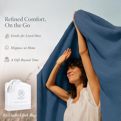 Threadmill Luxury 100% Cotton King Herringbone Blanket, Folkstone Blue - color: Folkstone Blue, size: King (106" x 92")