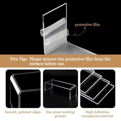 Acrylic Display Risers 8 Pcs 2 Set (7”L~8”L~9”L), Clear Rectangular Display Shelf for Dessert Table & Cupcake, Figures, Perfume, Collectibles, Shoe and More