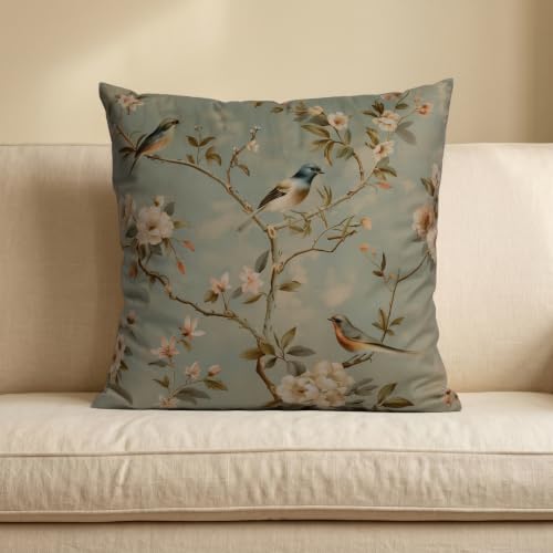 Vintage Chinoiserie Velvet Pillow Cover 18x18, Bird Floral, 1 Pack