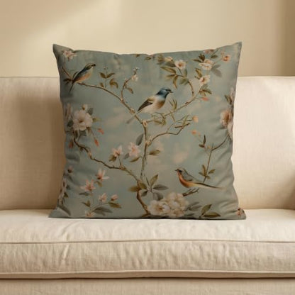 Vintage Chinoiserie Velvet Pillow Cover 18x18, Bird Floral, 1 Pack