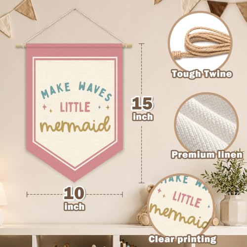 Pink Mermaid Ocean Nursery Wall Art Decor Wall Hanging Flag - color: 04-Make Waves Little Mermaid(Beige)