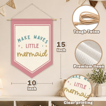 Pink Mermaid Ocean Nursery Wall Art Decor Wall Hanging Flag - color: 04-Make Waves Little Mermaid(Beige)