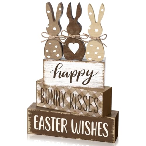Yousoontic 4 Pcs Rustic Easter Bunny Wooden Table Decorations, Spring Farmhouse Rabbit Tiered Tray Sign Country Table Top Centerpiece Decorative for Home Entryway Office Desk Mantel Room Decor, Gift - style: Easter Bunny