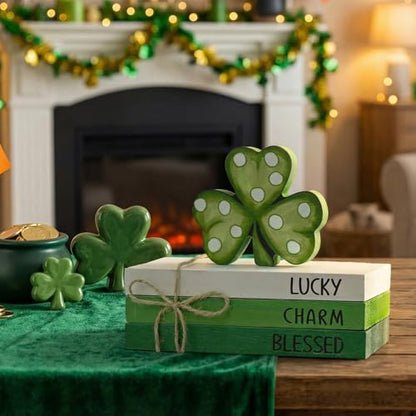 Smile St. Patrick's Day Wooden Decor Blocks LUCKY CHARM BLESSED Shamrock, Tabletop Shelf Wood Sign for Home Office Holiday Lucky Decoration - style: St. Shamrock
