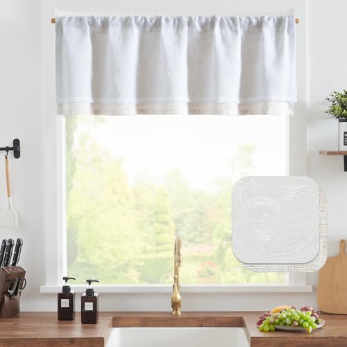 jinchan Kitchen Valance Curtain Double Layers, 1 Panel, White - color: Scroll Floral | White, size: 50"W x 16"L (Pack of 1)