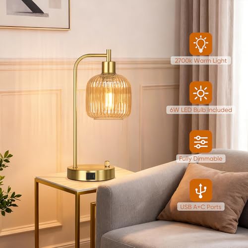 Champagne Glass Table Lamps Set of 2, Dimmable Bedside Lamps for Bedroom - color: Gold&‎Champagne