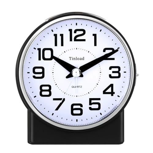 Tinload 4.3" No Ticking Analog Alarm Clock,Silent Readable for Seniors,Easy to Set,Gradual Rise Alarm,Big Numbers,On/Off Switch on Side,Gentle Wake,Snooze,Lighted on Demand,Battery Operated,Black - color: Black