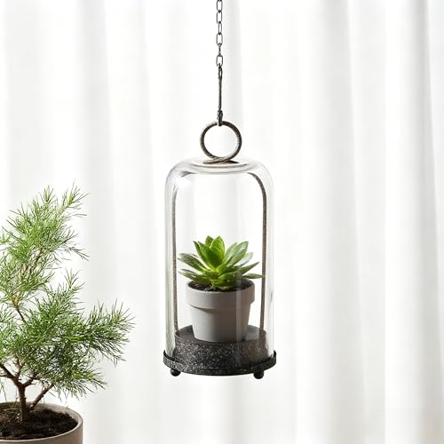 12" High Versatile Modern Metal Hurricane Lantern with Handmade Sturdy Glass Dome in Rustic Brown for Pillar Candle & Plants, Industrial, Farmhouse, Shabby Chic (Brown, 5"x12") - color: Brown, size: 5"x12"