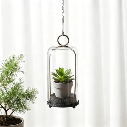 12" High Versatile Modern Metal Hurricane Lantern with Handmade Sturdy Glass Dome in Rustic Brown for Pillar Candle & Plants, Industrial, Farmhouse, Shabby Chic (Brown, 5"x12") - color: Brown, size: 5"x12"