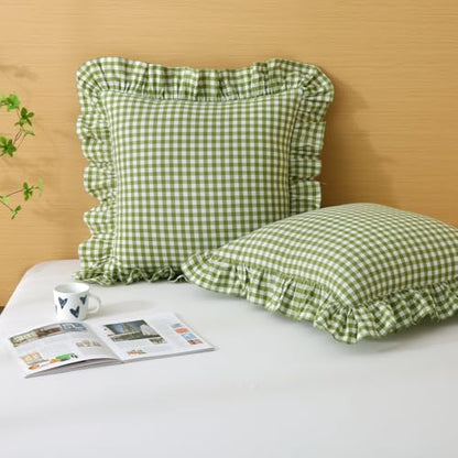Silnuo Olive Green/White Gingham Plaid Ruffle Throw Pillow Covers 24"x24" - color: Green/White, size: 24" x 24" - Set of 2