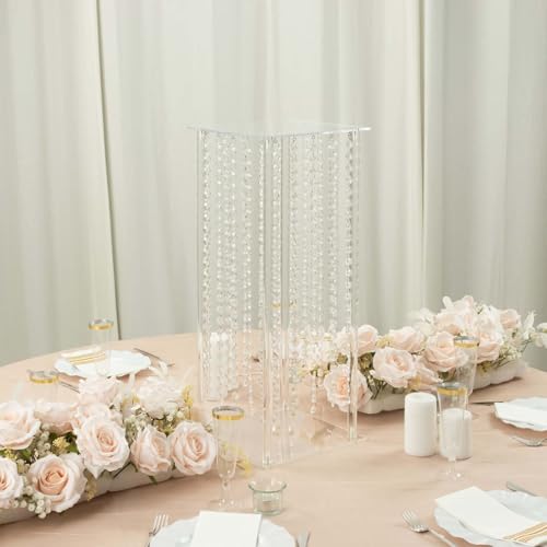Efavormart 24" Heavy Duty Acrylic Flower Pedestal Vase with Hanging Crystal Beads, Clear Pillar Stand Wedding Table Centerpieces with Pre-Chained Garlands - 5mm Thick Plates - size: 24‘’
