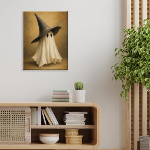 Halloween Wall Art Decor, Cute Ghost Witch Hat Canvas Print Framed Poster - color: W