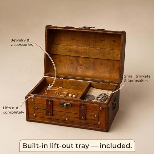 Wooden Treasure Chest with Removable Tray, Pirate Box, Medium 10.5x7x6 in