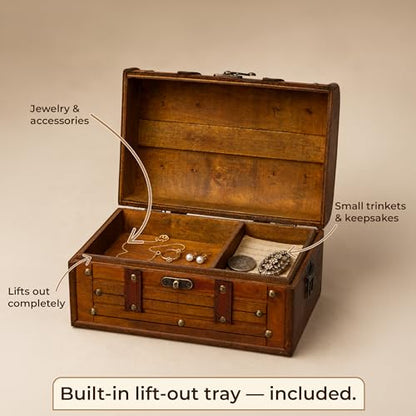 Wooden Treasure Chest with Removable Tray, Pirate Box, Medium 10.5x7x6 in