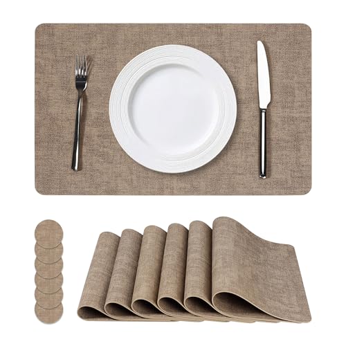 NCUE Vinyl Placemats Set of 6, 17"x12" Wipeable Place Mats with Coasters - color: Light Coffee, size: Set of 6