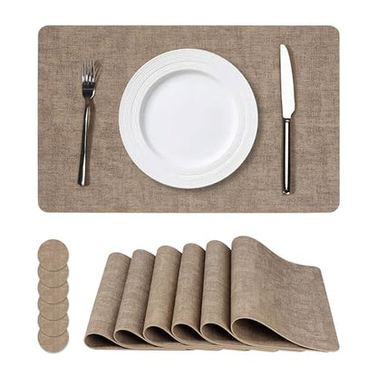 NCUE Vinyl Placemats Set of 6, 17"x12" Wipeable Place Mats with Coasters - color: Light Coffee, size: Set of 6