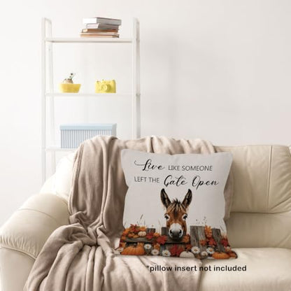 Fall Donkey Daisy Floral Pumpkin Leaves Throw Pillow Covers 18x18 - color: Donkey-02