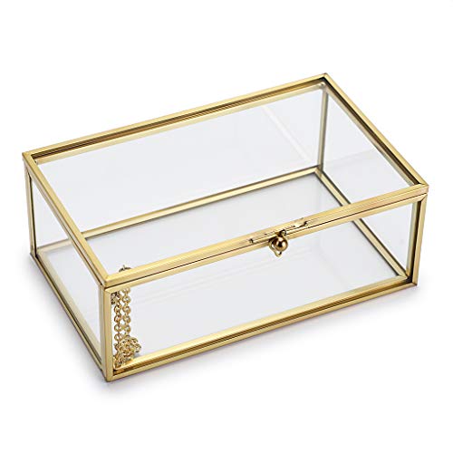 Hipiwe Vintage Glass Keepsake Box, Rectangle Jewelry Display Organizer Case - color: Gold, size: Small