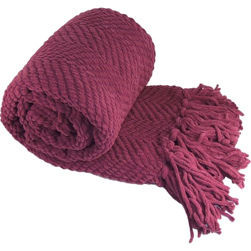 Home Soft Things Red Throw Blanket Knitted Tweed Throw 50'' x 60'', Crushed Berry, Super Soft Cozy Warm Comfortable Breathable Throw for Living Room Chair Couch Bed Sofa Bedroom Home Décor - color: Crushed Berry, size: 50 in x 60 in