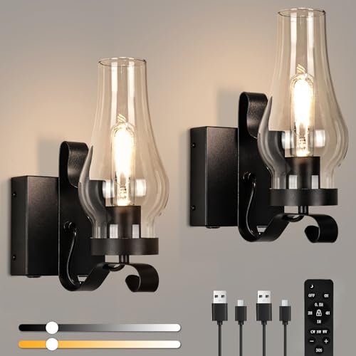 Battery Operated Wall Sconces, Rustic Wall Lights Set of 2, Non-Hardwired Antique Kerosene Wall Lamps, Vintage Bedside Wall Sconces with Remote Control for Living Room, Bedroom, Hallway etc - color: Black