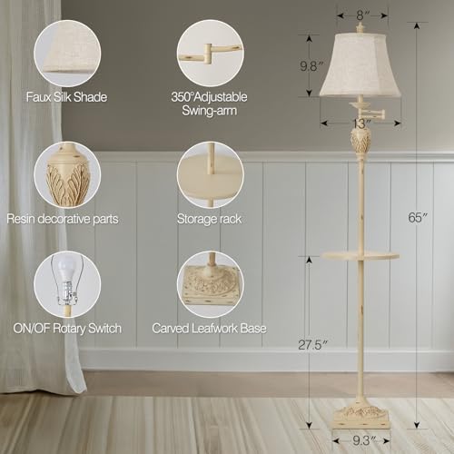 Traditional Floor Lamp with Tray, Remote Dimmable, 350° Swing Arm and White - color: White-1
