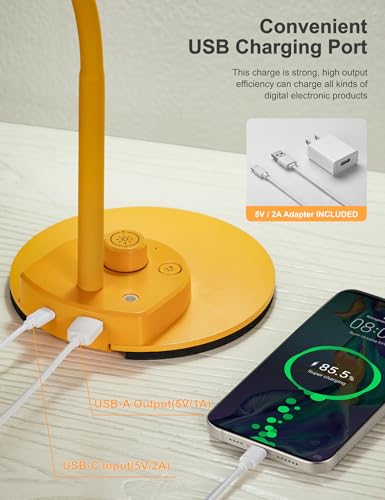 BOHON LED Desk Lamp with USB Charging Port 3 Color Modes Fully Dim, Yellow - color: Bright Yellow