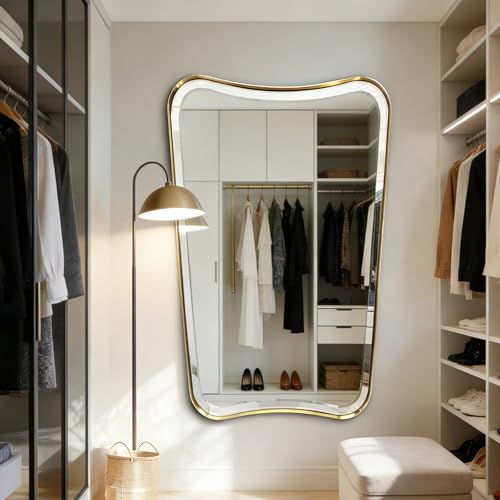 POZINO 48"x30" Premium Large Brushed Gold Bathroom Beveled Mirror - color: Brushed Gold Irregular, size: 48"L x 30"W