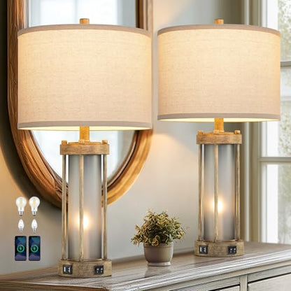 RORIA Farmhouse Table Lamps Set of 2 for Living Room with 2 USB Ports - color: Earthy Gray