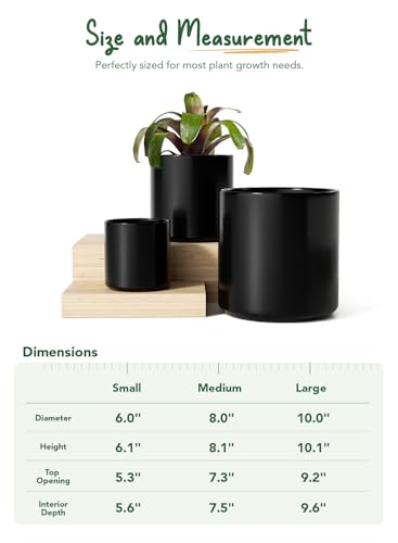 LE TAUCI 10+8+6 Inch Ceramic Pots for Plants, Indoor Planters with Drainage Hole and Plug, Modern Cylinder Flower Pots Set of 3 for Office and Living Room, Satin, Black - color: Black