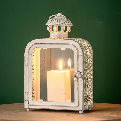 Candle Lantern Decorative Indoor & Outdoor, Vintage Metal Lanterns with Clear Glass, Tabletop&Hanging Candle Holders for Patio Front Porch Home Decor, Halloween Christmas Decorations (White) - color: White