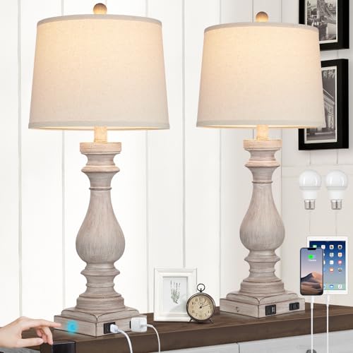 Cinkeda 29" Tall Table Lamp for Living Room Set of 2,Vintage Bedside Nightstand Lamps with USB C+A Ports & AC Outlet,3-Way Dimmable Touch Control Desk Lamp for Bedroom,Color 2 - color: Gray