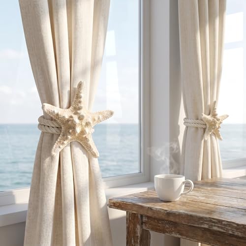 2 Pack Natural Starfish Rope Curtain Tiebacks Holdbacks, Hand Woven Cotton Curtain Ties, Coastal Nautical Decor for Sheer & Outdoor Curtains, Bedroom Bathroom Wedding Drapery Accessories