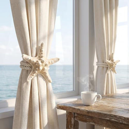 2 Pack Natural Starfish Rope Curtain Tiebacks Holdbacks, Hand Woven Cotton Curtain Ties, Coastal Nautical Decor for Sheer & Outdoor Curtains, Bedroom Bathroom Wedding Drapery Accessories
