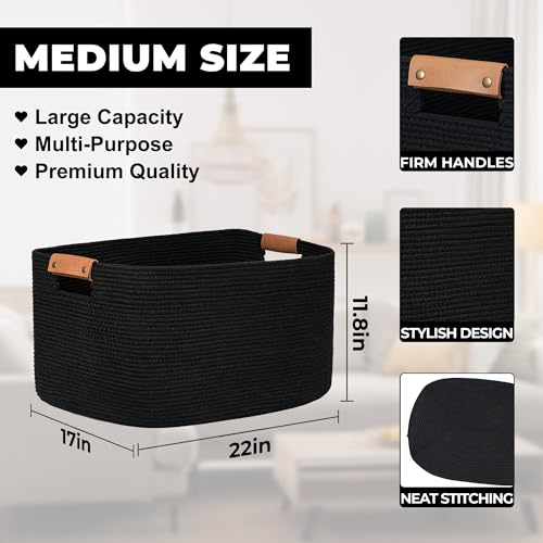 danpinera Large Blankets for Living Room, 72 L Woven Cotton Rope Baskets for Storage, Organizing Kids Toys & Dog Toys, Large Basket Organizer for Nursery, Bedroom, Bathroom, 22’’*17’’*11.8’’ Black - color: Black, size: 72L