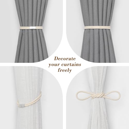 NICEEC 2 Pack Natural Cotton Rope Curtain Tiebacks Elegant Boho Style Magnetic Drape Tie Backs Soft Hand-Woven Rope Curtain Holdbacks for Home & Office Drapery (Double Rope-Cotton) - color: Double Rope-cotton, size: 2 Pack