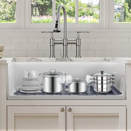 AWOKE Sink Protectors for Kitchen Sink,Kitchen Sink Protector Mat - 28.6" x 14.5" Heat-Resistant Silicone Folding Non-Slip Mat for Stainless Steel Sink with Right Drain (Grey) - size: 28.6 x 14.5 inches