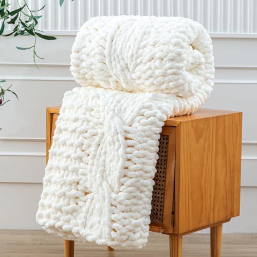 WESHIONGOO Chunky Knit Blanket Throw 50"×60" Knitted Throw Blankets for Couch Bed Fluffy Soft Blanket with Jumbo Chenille Yarn Thick 100% Handmade (Cream White) - color: Cream White, size: 50"x60"