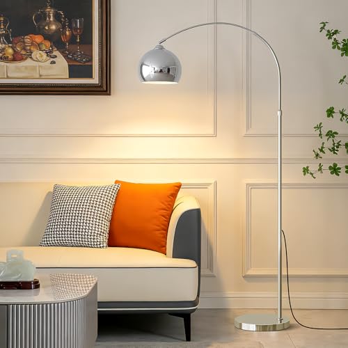 Glossy Chrome Silver Arc Floor Lamp with 12W LED Remote Dimming - color: Silver Remote Dimming
