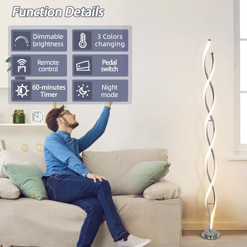 ADISUN 31W LED Floor Lamp, Spiral Dimmable Modern Standing Lamp with Remote - color: Silver C