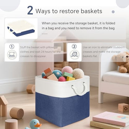 FinishingBo 11 inch Cube Storage Bin with Handles 6 Pack - color: White/Navy Blue-6 Pack