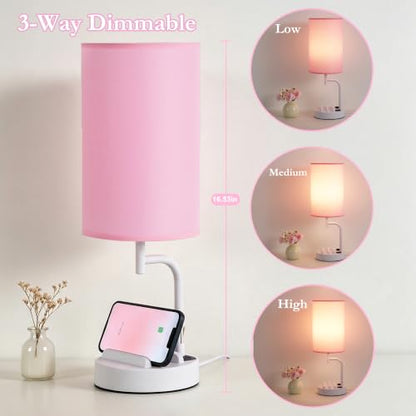 Dreamholder Touch Control USB Table Lamp with USB C/A & AC Outlet, 3-Way Dimmable Bedside Lamp, Modern Nightstand Lamps for Bedroom Living Room Guest Room Office, Bulb Included, White Pink - color: White Pink