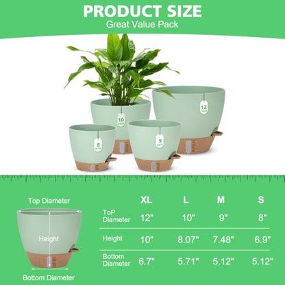 Self Watering Planter for Indoor Plants, 12" 10" 9" 8" Plastic Large Flower Pot Set with Water Level Indicator Deep Reservoir Saucer, Big House Bottom Watering Plant Pots with Drainage Hole - Green - color: Green