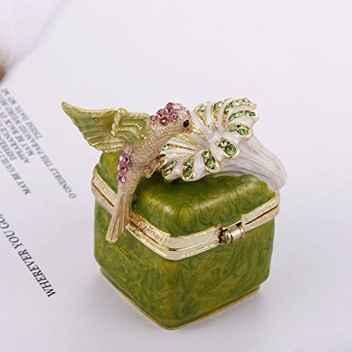 Hand Painted Enamel Hinged Trinket Box, Unique Mini Ring Necklace Jewelry Organizer, Classical Antique Bejeweled Storage, Figurine Collectible Keepsake Home Decor (Hummingbird on Box)