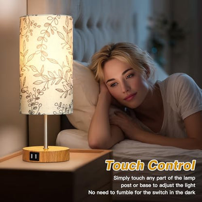 CINSARY Bedside Touch Lamps for Nightstand with 2 USB Charging Ports, 3 Way Dimmable Wood Bedroom Lamp with Flower Fabric Shade, Small Table Lamp for Living Room Reading Desk (LED Bulb Included) - color: Flower3-15" H
