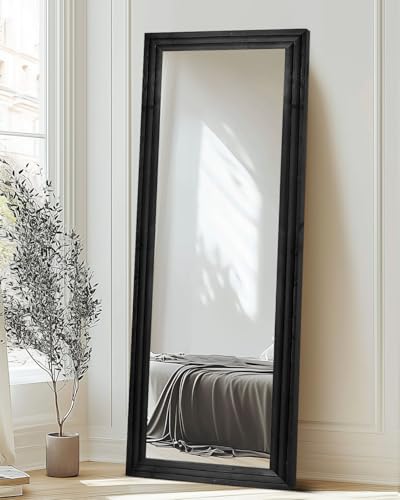 65x22in Full Length Mirror, 3-Tier Stepped Solid Wood Frame, Black - color: Black, size: 65"L x 22"W